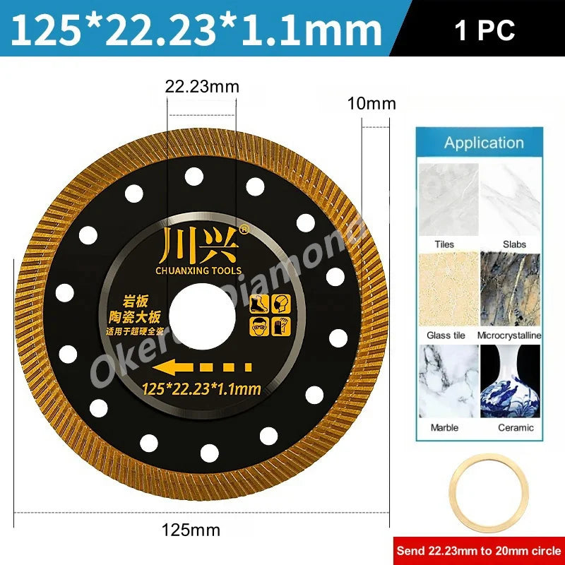 A circular diamond saw blade with a gold rim and black center, measuring 125mm in diameter.