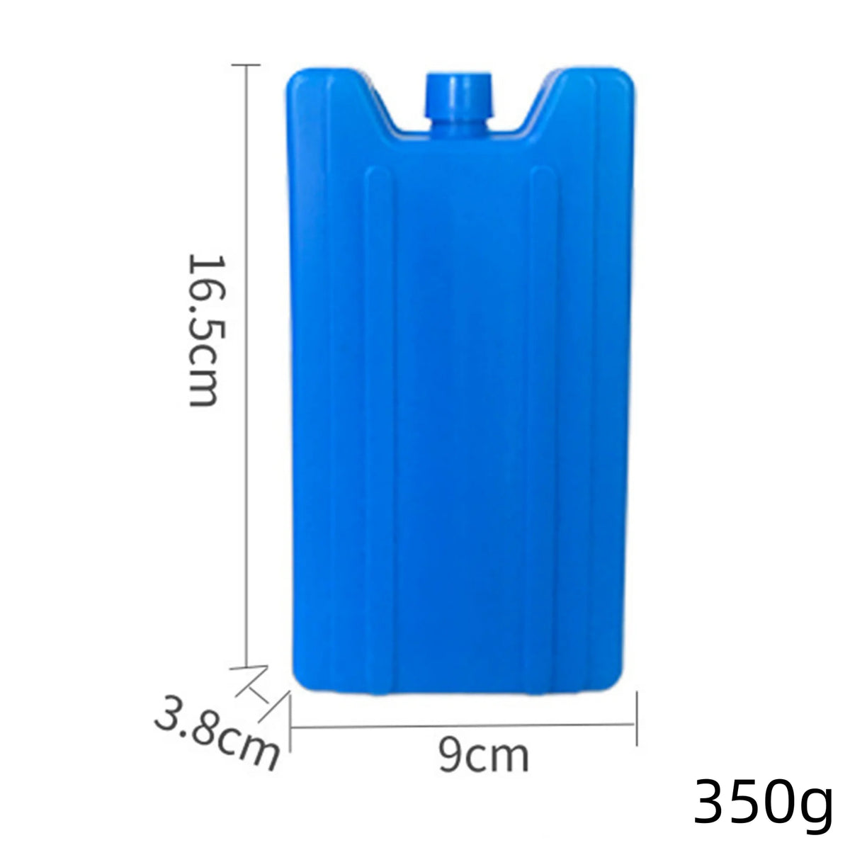 A blue reusable leak-proof ice pack with dimensions 16.5cm high and 9cm wide, weighing 350g.