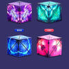 A set of four magnetic geometry cubes in purple, cyan, blue, and pink colors displayed against a dark background.