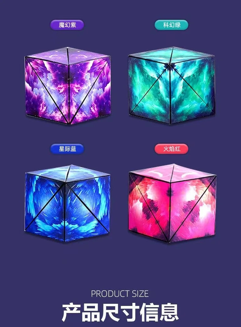 A set of four magnetic geometry cubes in purple, cyan, blue, and pink colors displayed against a dark background.
