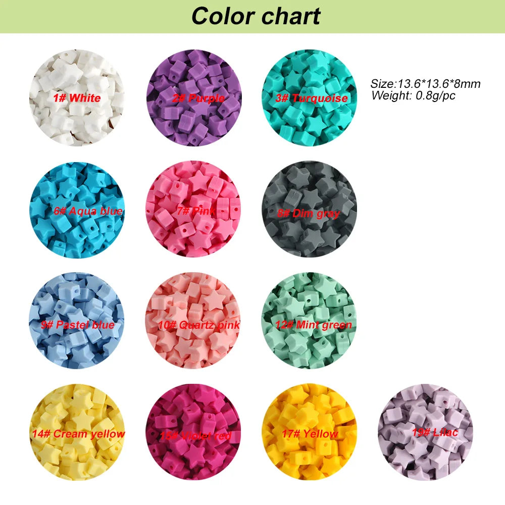 Color chart showing various shades of silicone crown star heart beads including white, purple, turquoise, pink, blue, and yel