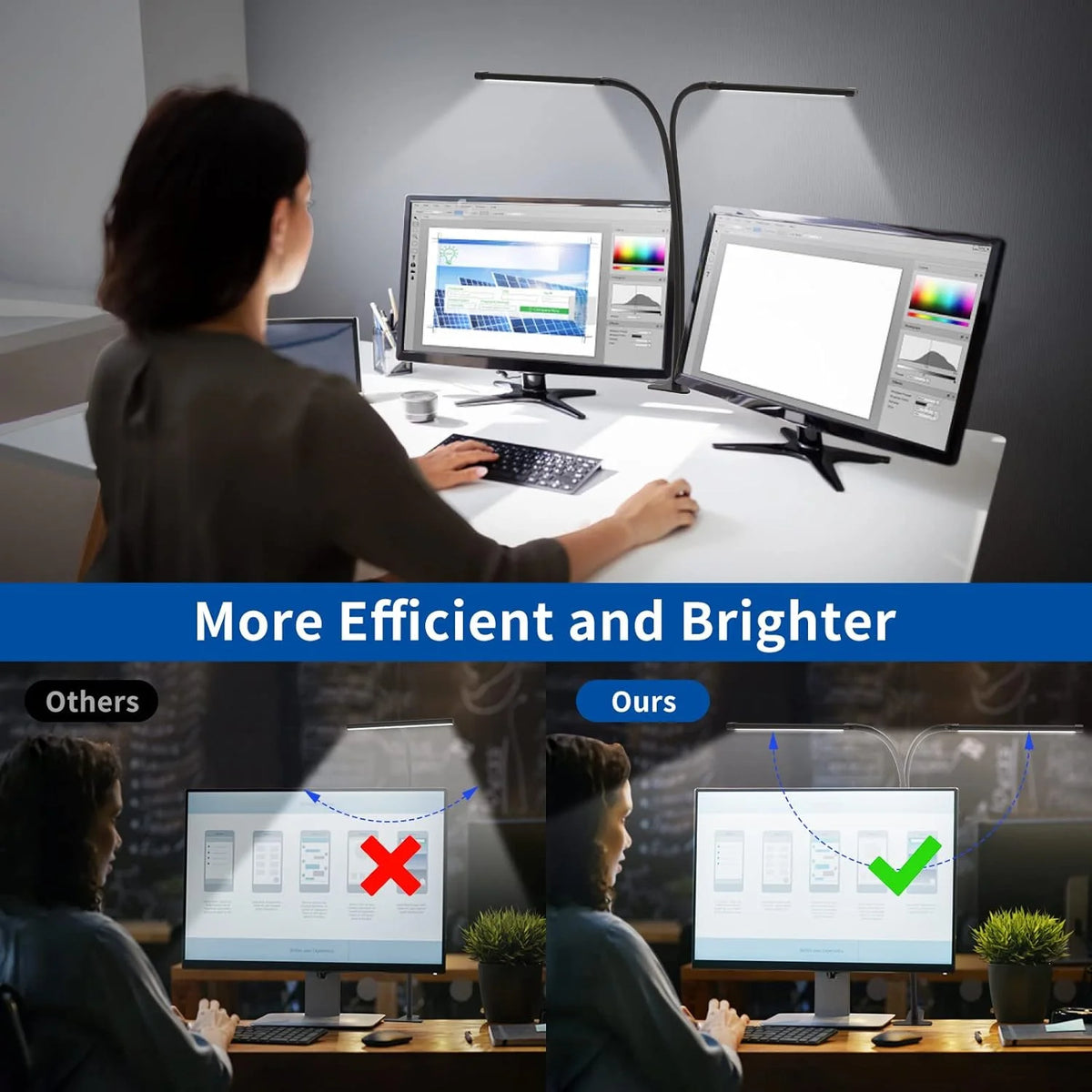 A woman works at a desk with multiple monitors, demonstrating a product for more efficient and brighter display.