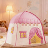 A pink flower playhouse tent for kids with a white exterior and yellow accents, set in a bright room.
