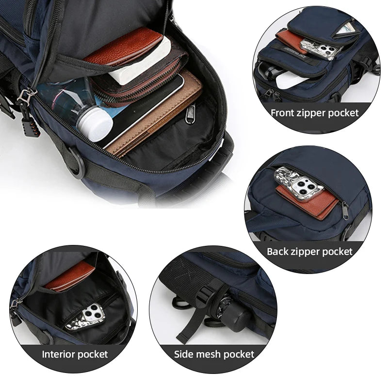 A navy blue multifunctional chest bag showing various pockets including front, back, interior, and side mesh compartments.