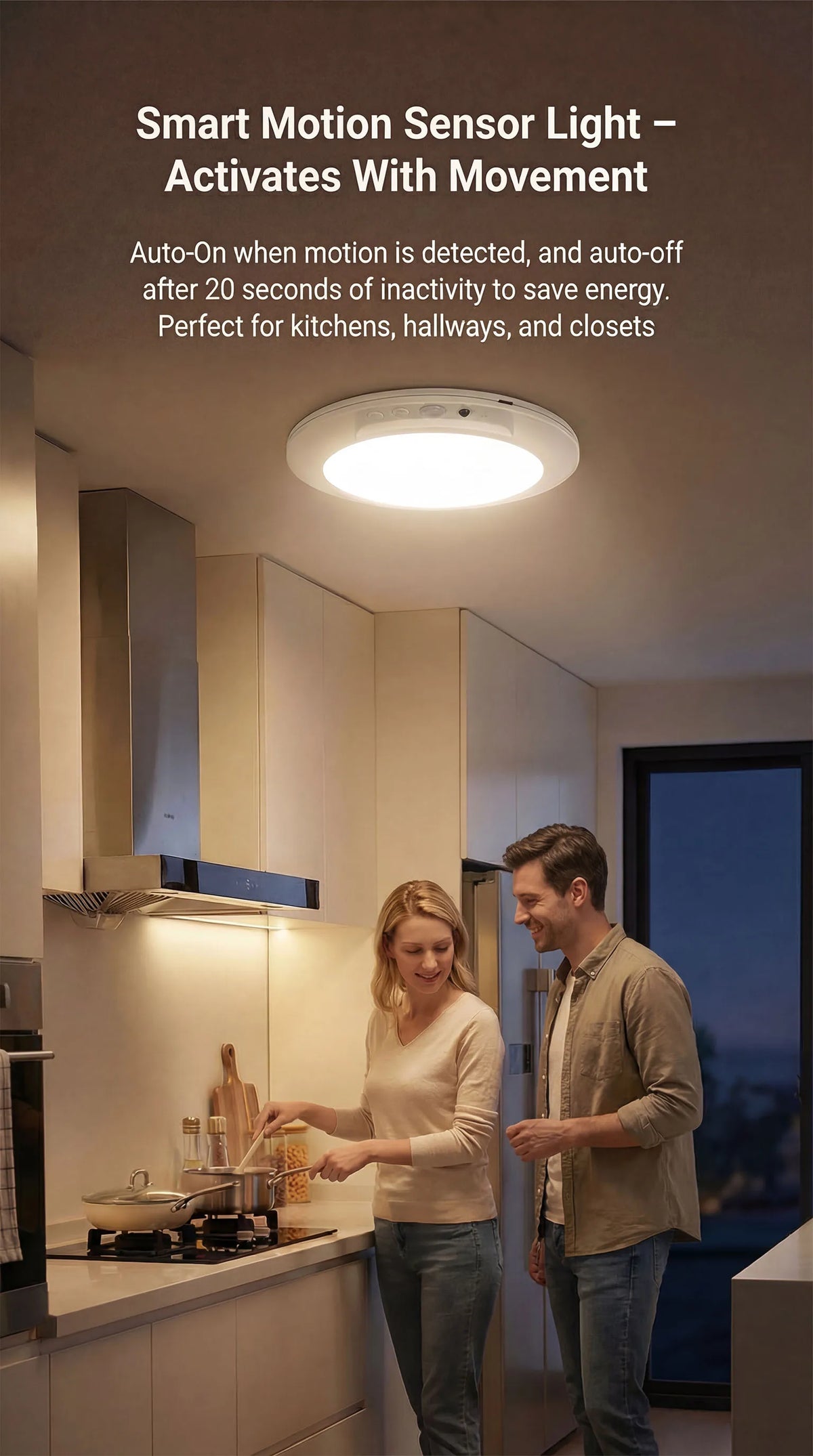 A smart motion sensor light installed on a ceiling illuminates a kitchen area where a man and woman are preparing food.