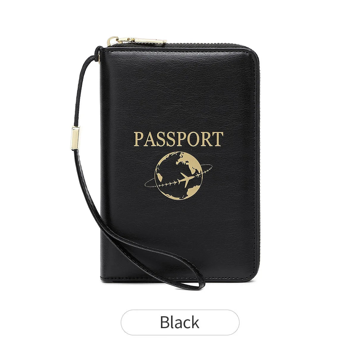 Black passport holder wallet with a wrist strap and an embossed globe design