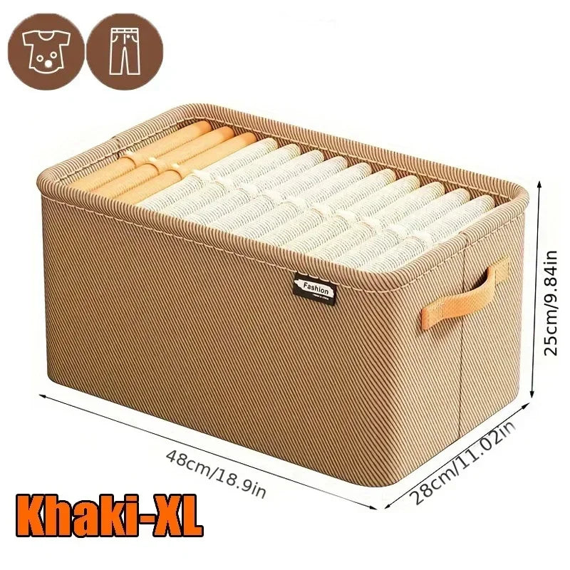 Khaki-XL faltbare nichtgewebte Stoff-Kleiderschrank-Organizerbox mit gestreifter Außenseite und Holzgriffen
