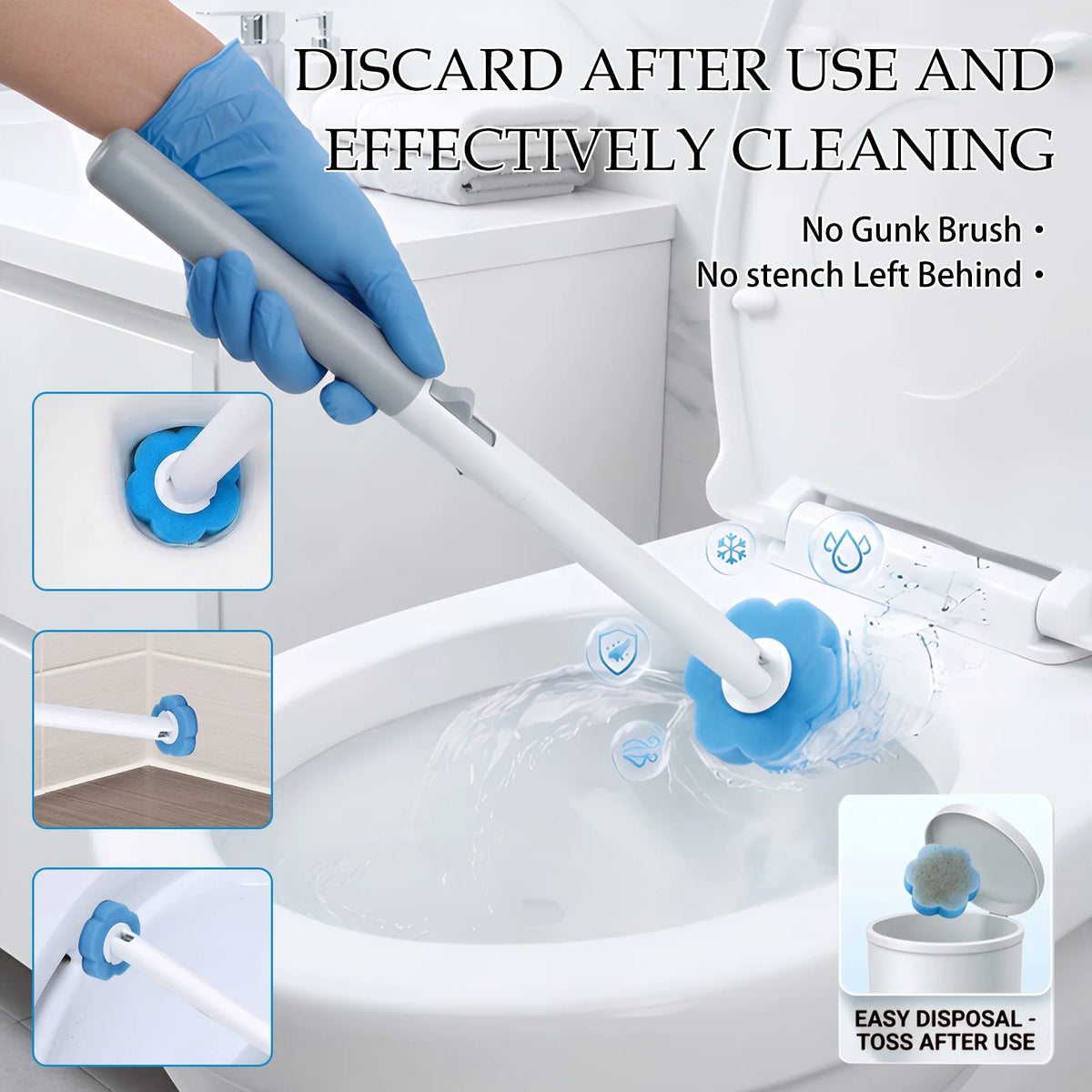 A hand is using a white disposable toilet brush to clean inside a toilet bowl.