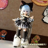 A figure of a sweet maid dress outfit for a BJD doll featuring black and white stripes, a dark hat, and white boots.