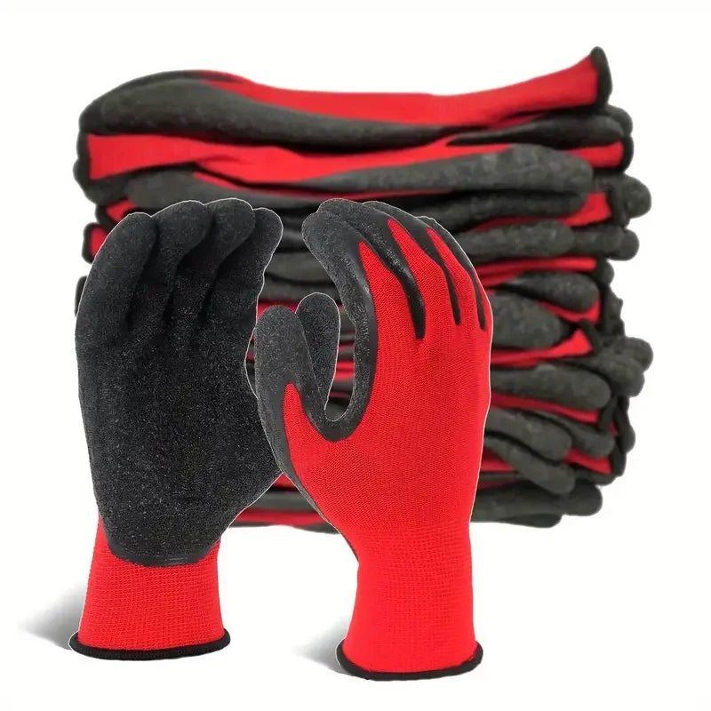 A stack of red and black breathable PU-coated nylon work gloves for gardening and light assembly.