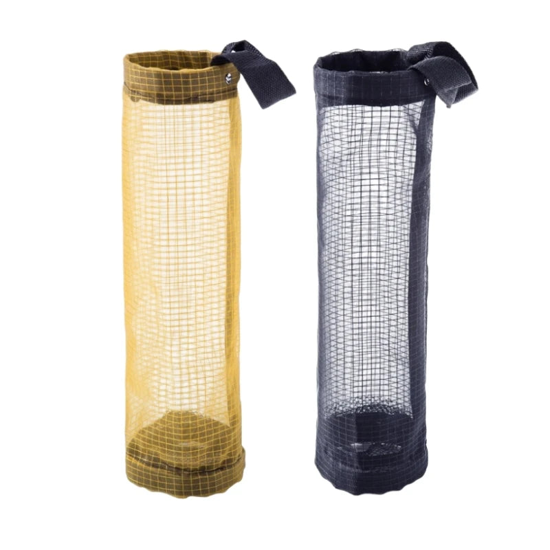 A pair of wall-mounted mesh bag dispensers, one yellow and one gray, with black fabric closures.