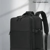 A black durable nylon travel backpack shown from the back, highlighting its multiple compartments and clear storage design.
