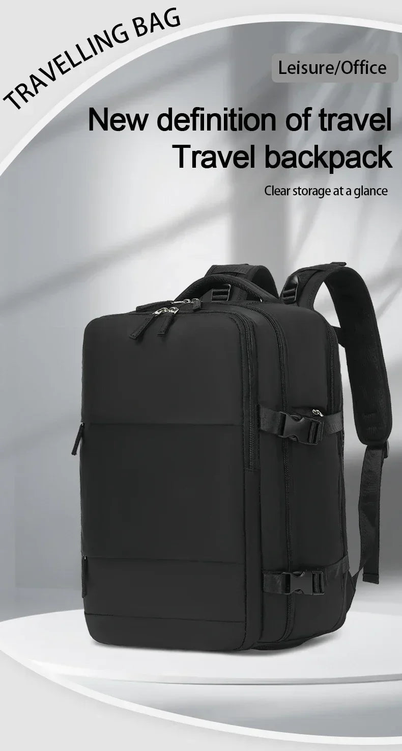 A black durable nylon travel backpack shown from the back, highlighting its multiple compartments and clear storage design.