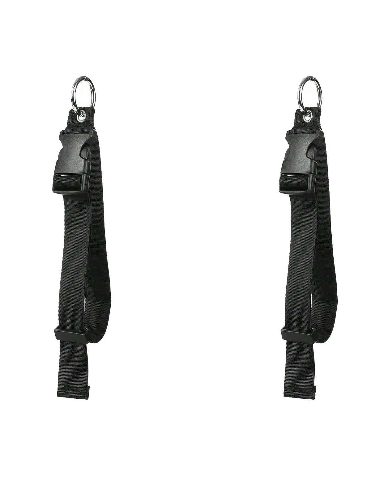 Black durable polyester luggage strap with a metal ID tag attached.