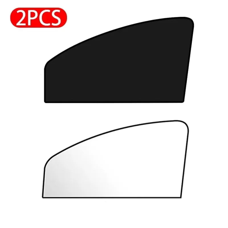 Two black and white magnetic car side window sun shades for UV protection and glare reduction