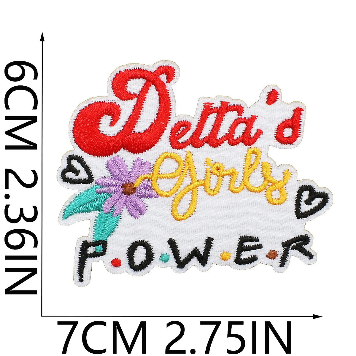 Red and yellow embroidered patch featuring the text Delta's Girls Power