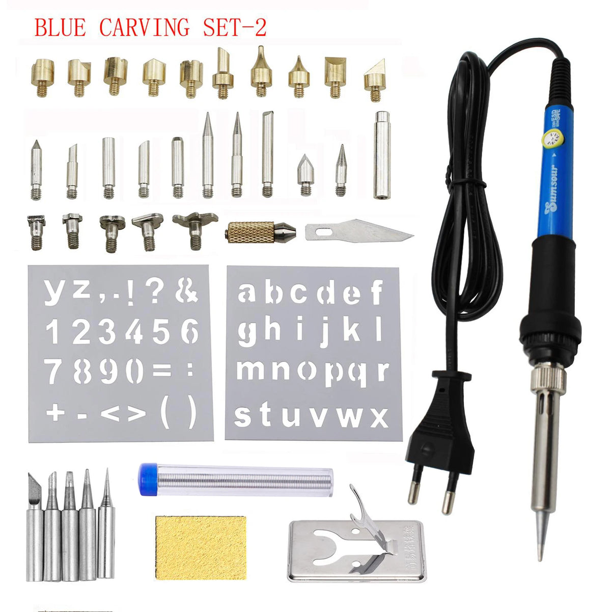 A blue carving set featuring various tips, tools, and a wood burning and soldering pen kit.