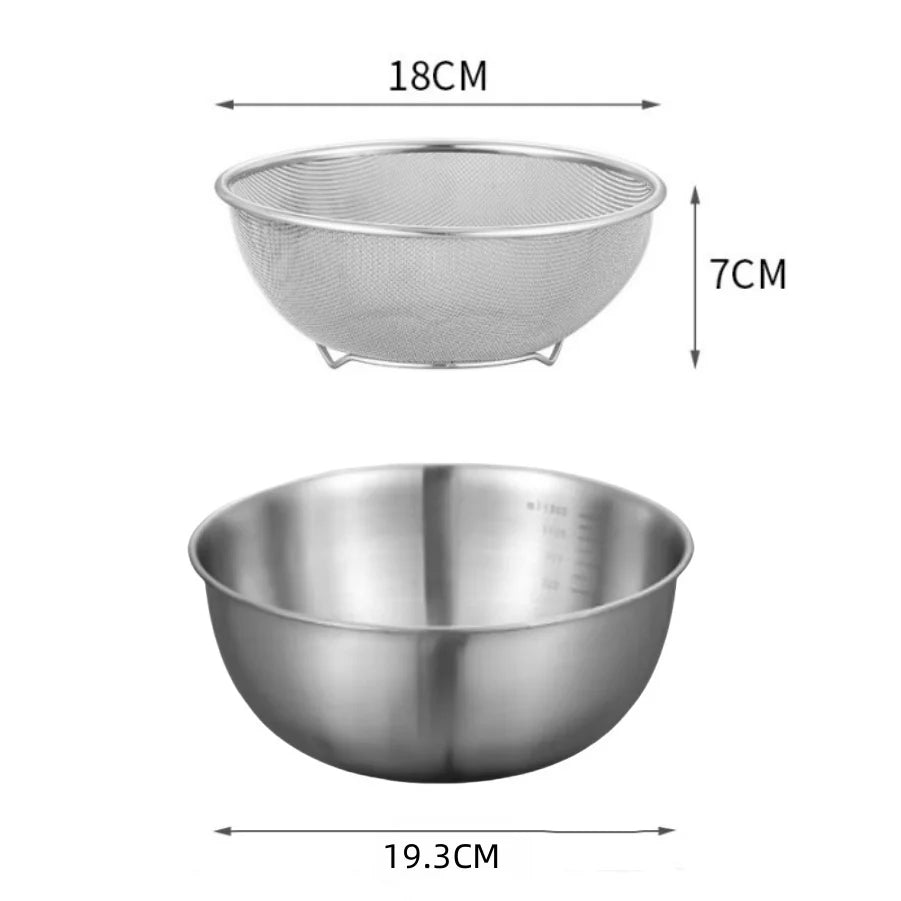 Stainless steel mixing bowl set showing a fine mesh sieve and a large bowl.