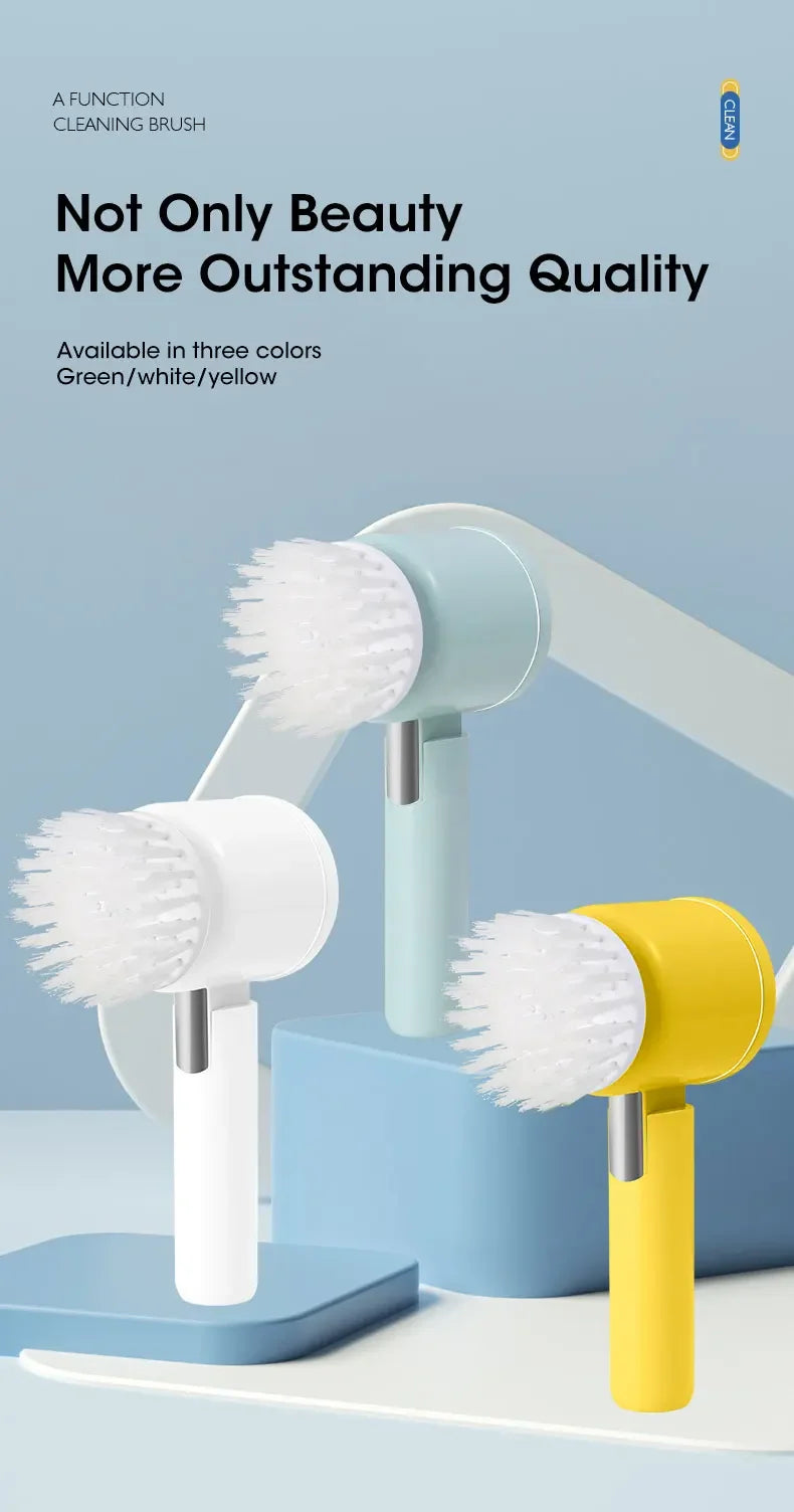 Three cordless electric cleaning brushes in green, white, and yellow are displayed on a light blue surface.