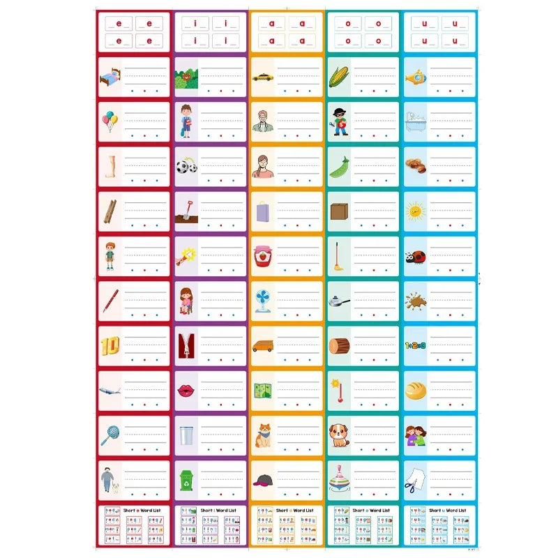 Set doppelseitiger CVC-Worterkennungsflashcards mit verschiedenen Buchstaben und Wörtern.