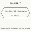 A design template titled Design 7 with a box for names and a date, featuring the text Michael & Valentina and the date 09/08/
