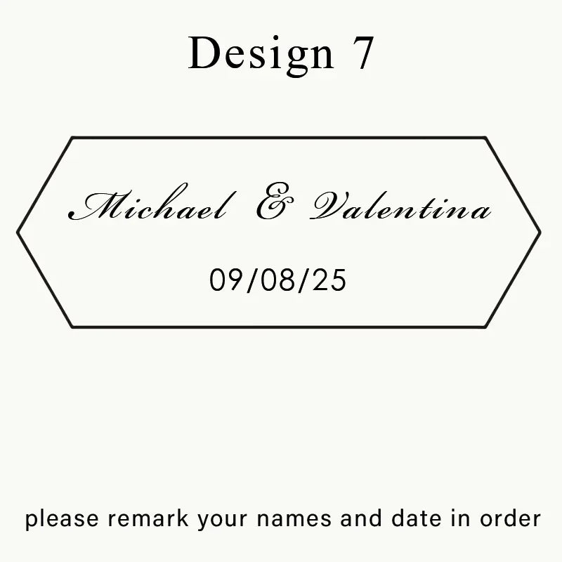 A design template titled Design 7 with a box for names and a date, featuring the text Michael & Valentina and the date 09/08/