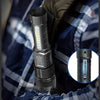A black rechargeable LED flashlight with a telescopic zoom feature is shown inside a jacket pocket.