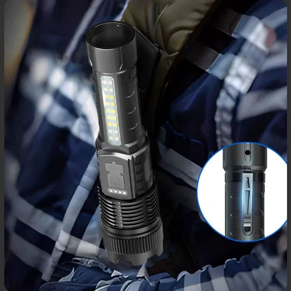 A black rechargeable LED flashlight with a telescopic zoom feature is shown inside a jacket pocket.