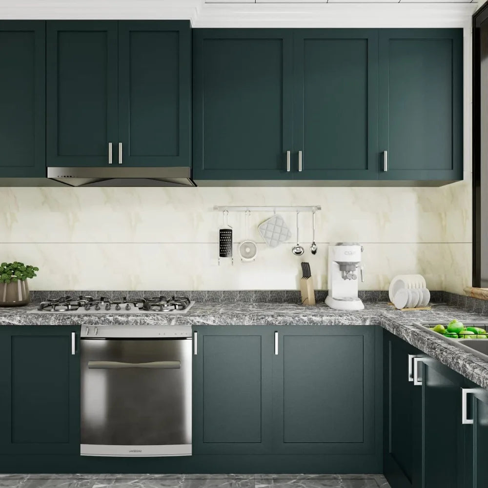 A modern kitchen cabinet and countertop featuring dark green cabinetry and light beige countertops.