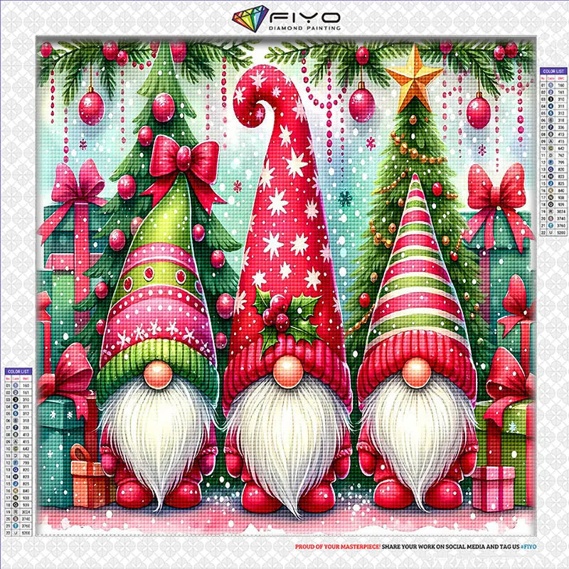 Kit de peinture sur diamant avec une scène de mosaïque de Noël et des lutins festifs.