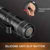 Close-up of a black portable UV flashlight with a tactical tall switch and silicone anti-slip button.