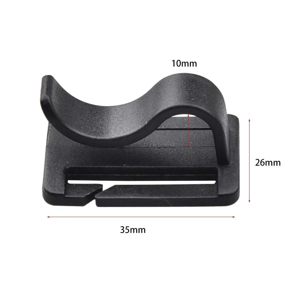 Black rotatable hydration tube clip designed for backpacks with dimensions 10mm, 26mm, and 35mm.