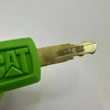 A green plastic ignition key set with a brass blade is shown against a white background.