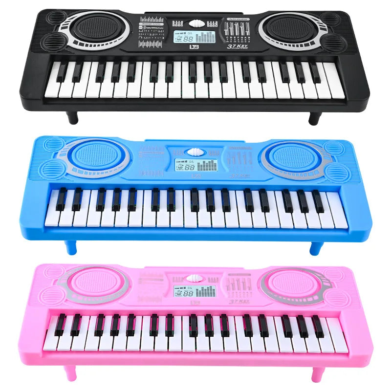 Three versions of a 37-key electronic piano for kids in black, blue, and pink.