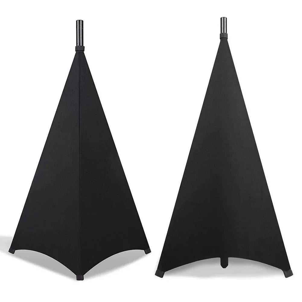 Black universal stretchable speaker stand cover with a vertical pole.