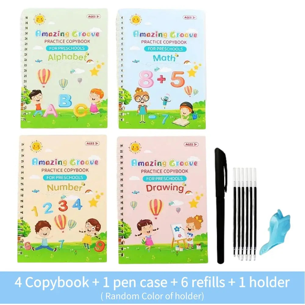 Set of four Amazing Groove practice copybooks for preschoolers featuring letters and numbers with a pen case and holder