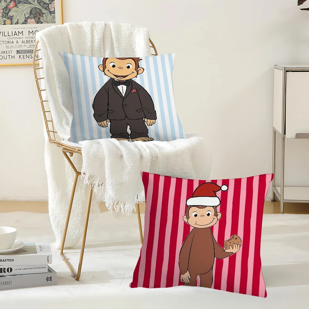 A decorative pillow featuring a cartoon character resembling Curious George in brown and black tones against a red and white 