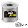A roll of 400 feet of 7x1/32 inch 316 stainless steel wire rope with aluminum sleeves.