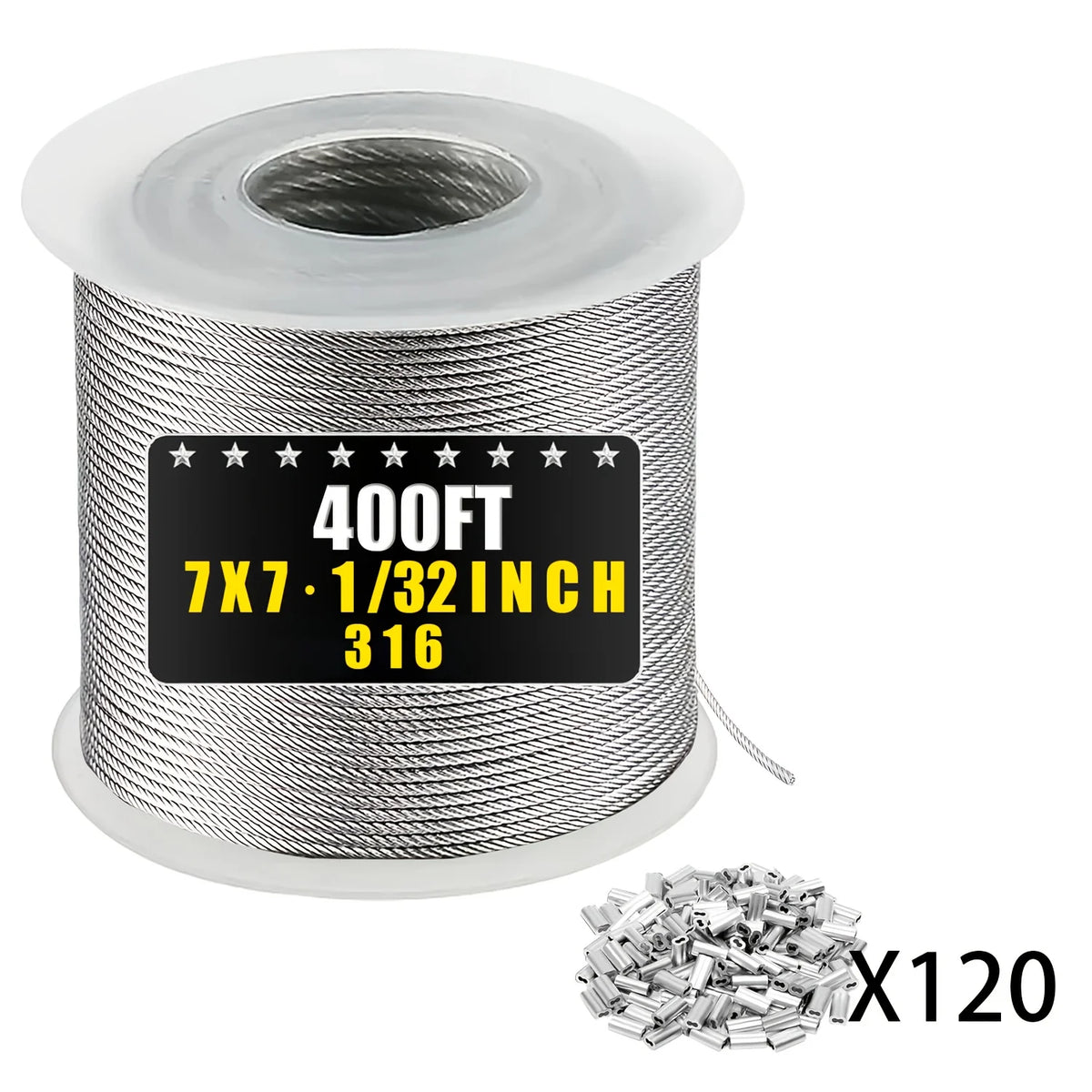 A roll of 400 feet of 7x1/32 inch 316 stainless steel wire rope with aluminum sleeves.