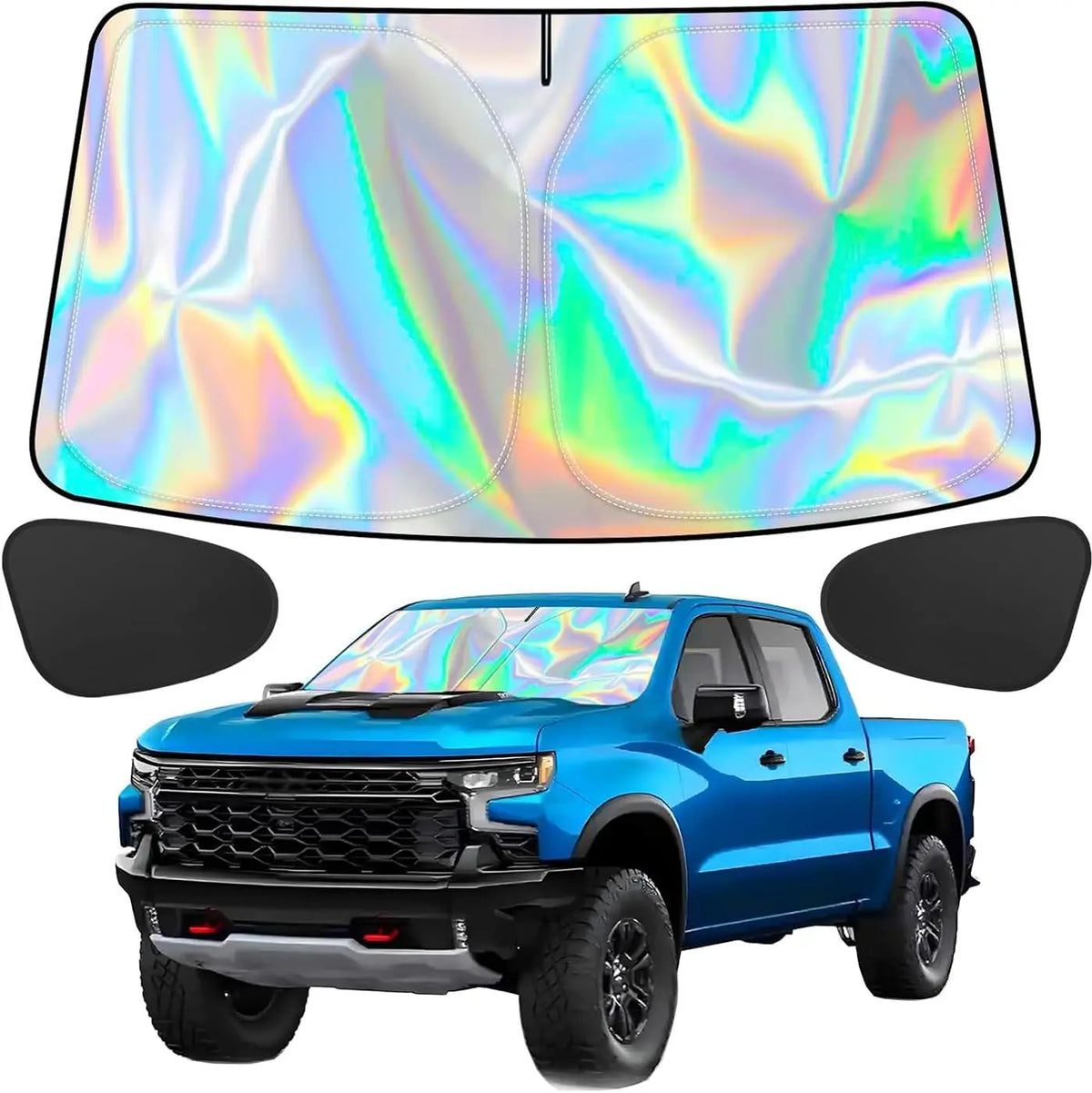 A blue Ford F-150 pickup truck with a foldable windshield sunshade and side window covers displayed alongside the product pac