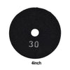 A round, black diamond polishing pad with a center hole and the text 30 and 4inch printed on it.