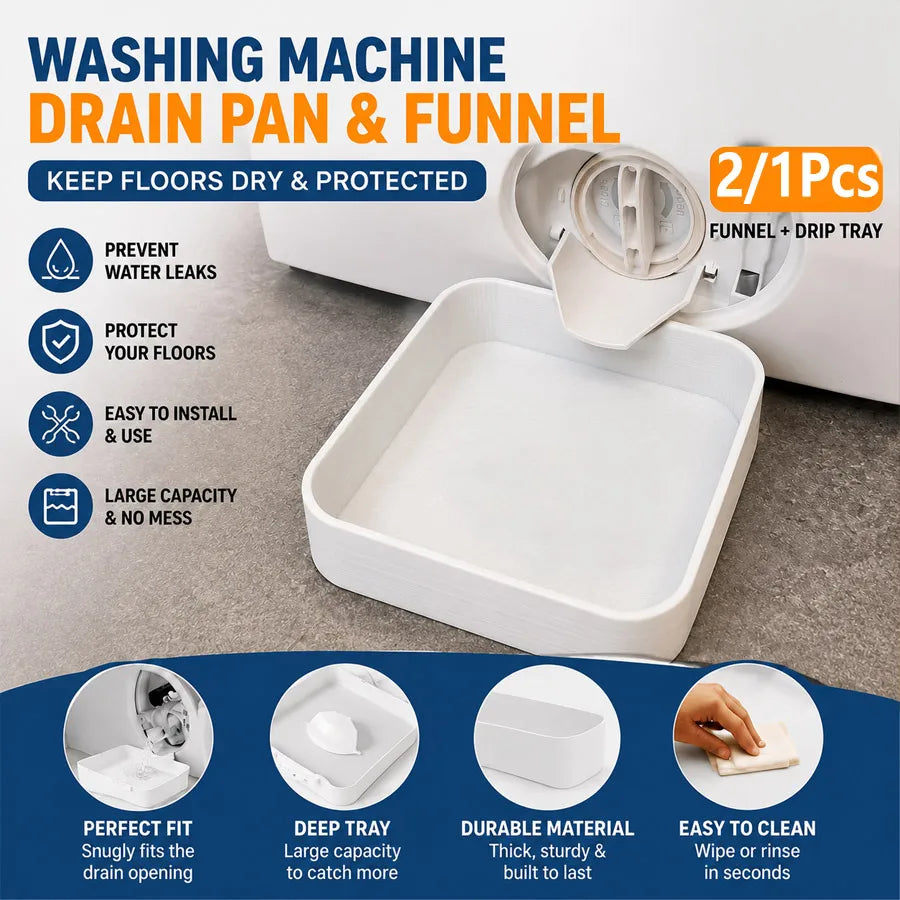 White washing machine drain pan and funnel set for keeping floors dry and protected