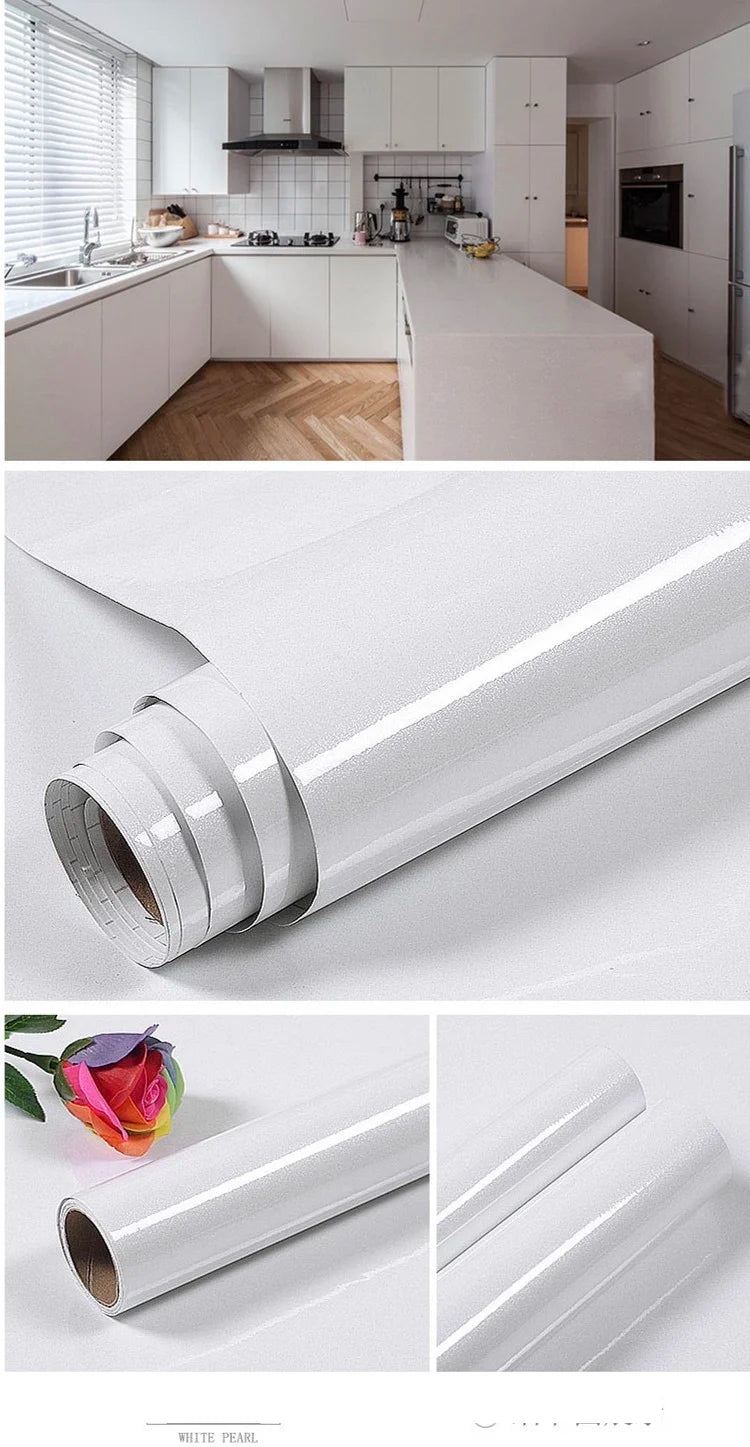 Roll of white pearl waterproof self-adhesive marble wallpaper shown in various angles.