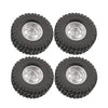 A pack of four black RC car upgrade wheels with shiny metal rims and soft tires.