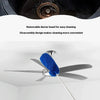 A blue microfiber duster with a removable head is shown being used for cleaning, alongside an extendable duster mounted on a 