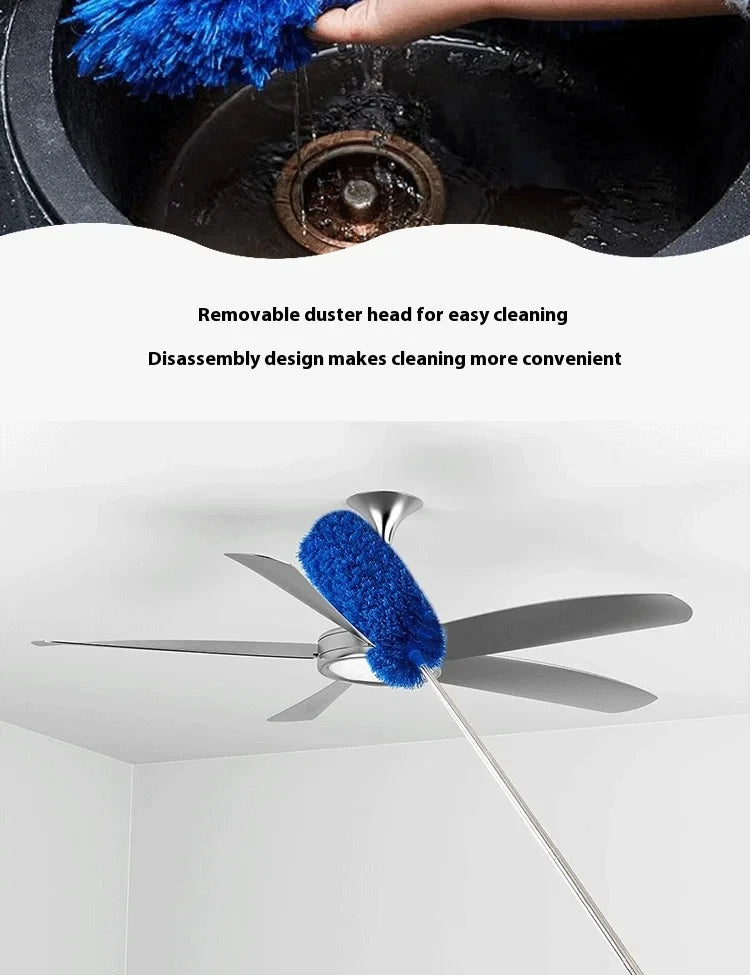 A blue microfiber duster with a removable head is shown being used for cleaning, alongside an extendable duster mounted on a 