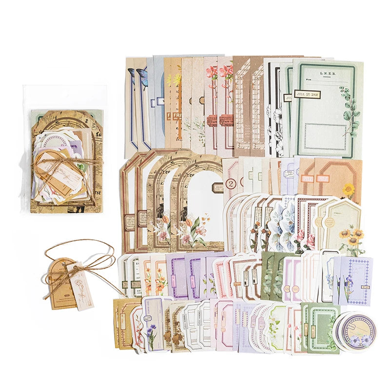Collection de papier scrapbook vintage avec textures, éléments floraux et tons sourds.