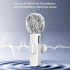 A white wireless lavalier microphone with a fuzzy windscreen is shown above water ripples.