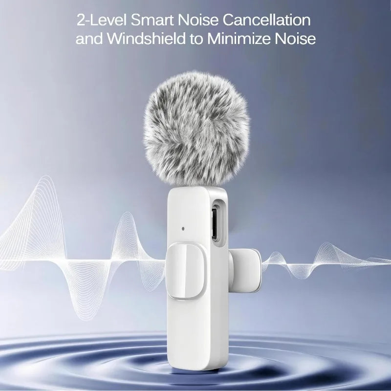A white wireless lavalier microphone with a fuzzy windscreen is shown above water ripples.