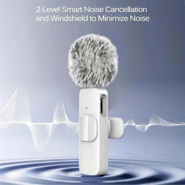 A white wireless lavalier microphone with a fuzzy windscreen is shown above water ripples.